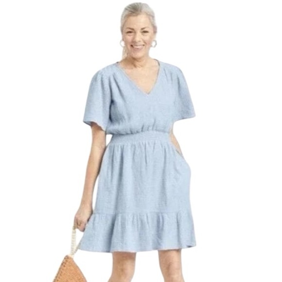 KNOX ROSE V-NECK GAUZE MUSLIN DRESS SIZE SMALL WITH POCKETS BABY POWDER BLUE NWT - Picture 3 of 16